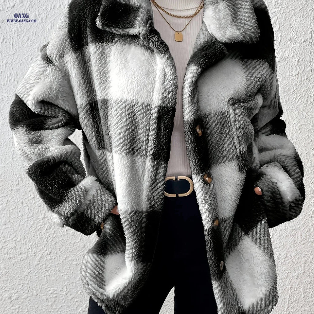 OAXG Women's Plaid Long-Sleeved Jacket - Warm & Casual Coat   OAXG 
