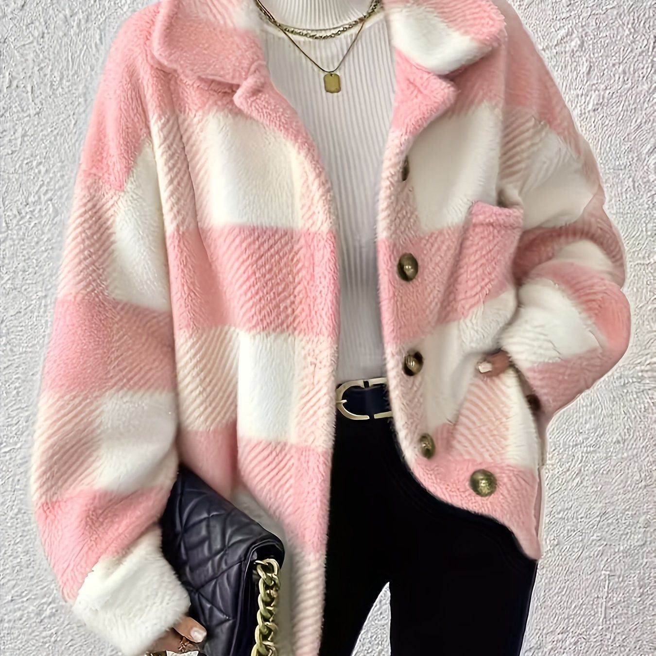 OAXG Women's Plaid Long-Sleeved Jacket - Warm & Casual Coat   OAXG Black And White / S