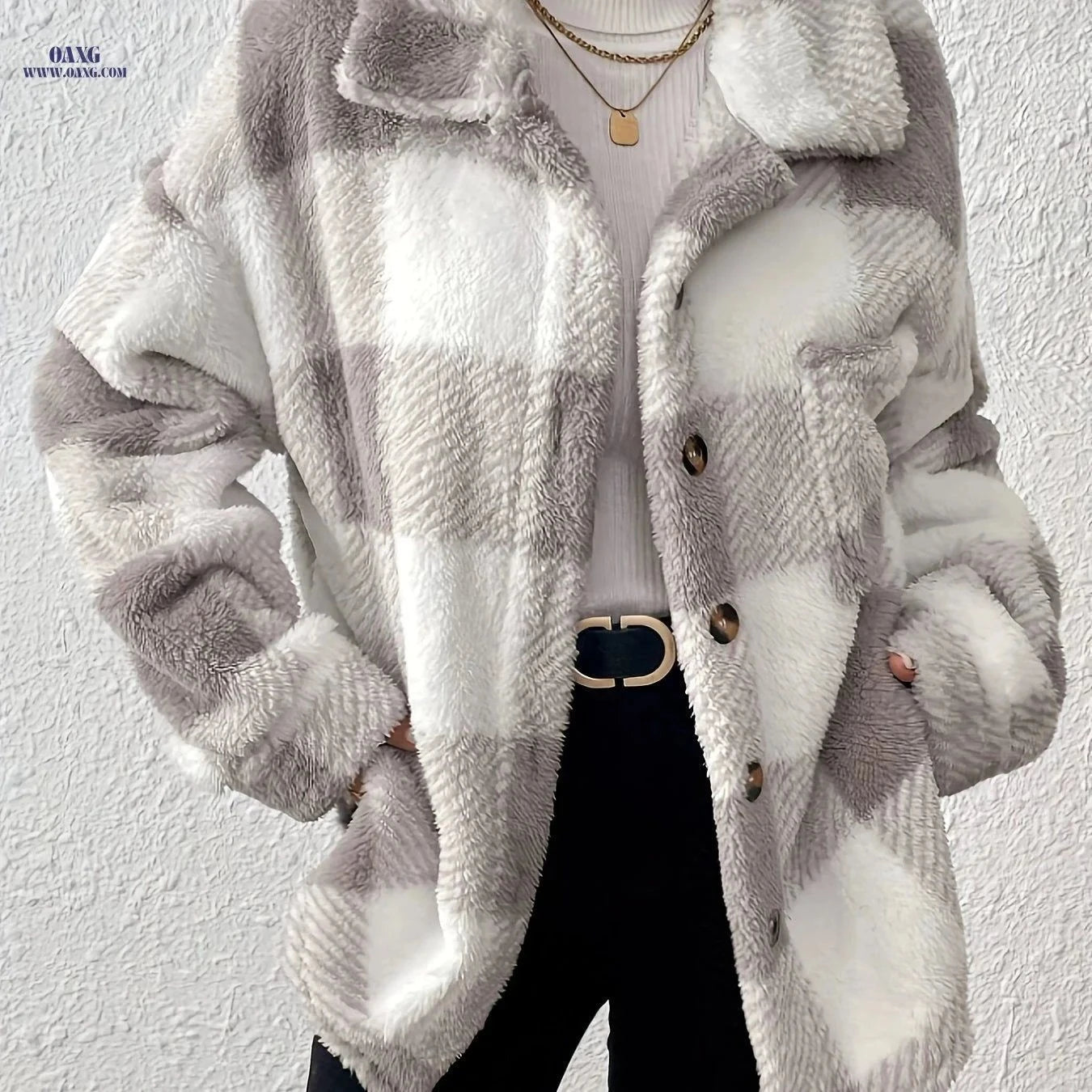 OAXG Women's Plaid Long-Sleeved Jacket - Warm & Casual Coat   OAXG Black And White / S