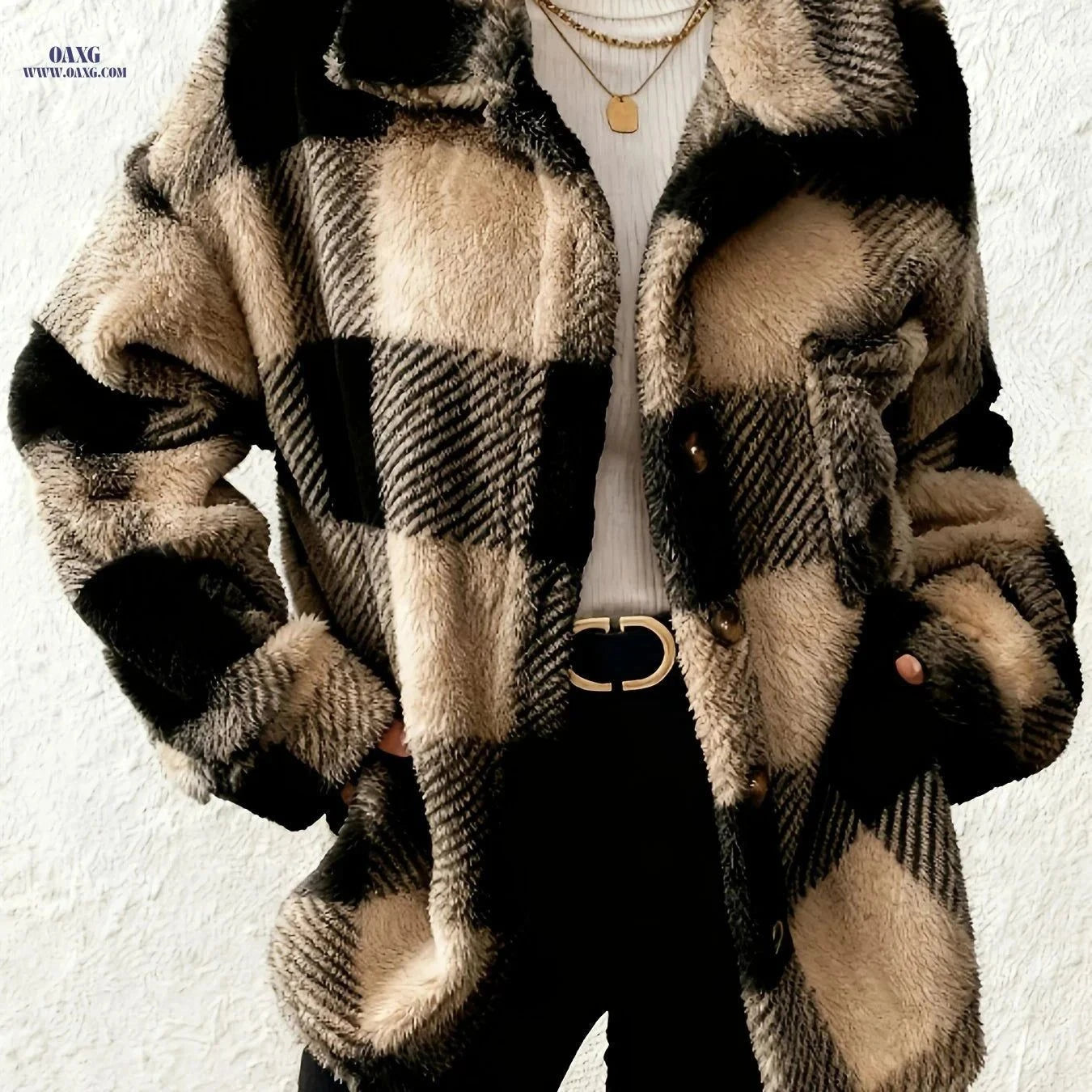 OAXG Women's Plaid Long-Sleeved Jacket - Warm & Casual Coat   OAXG Black And White / S