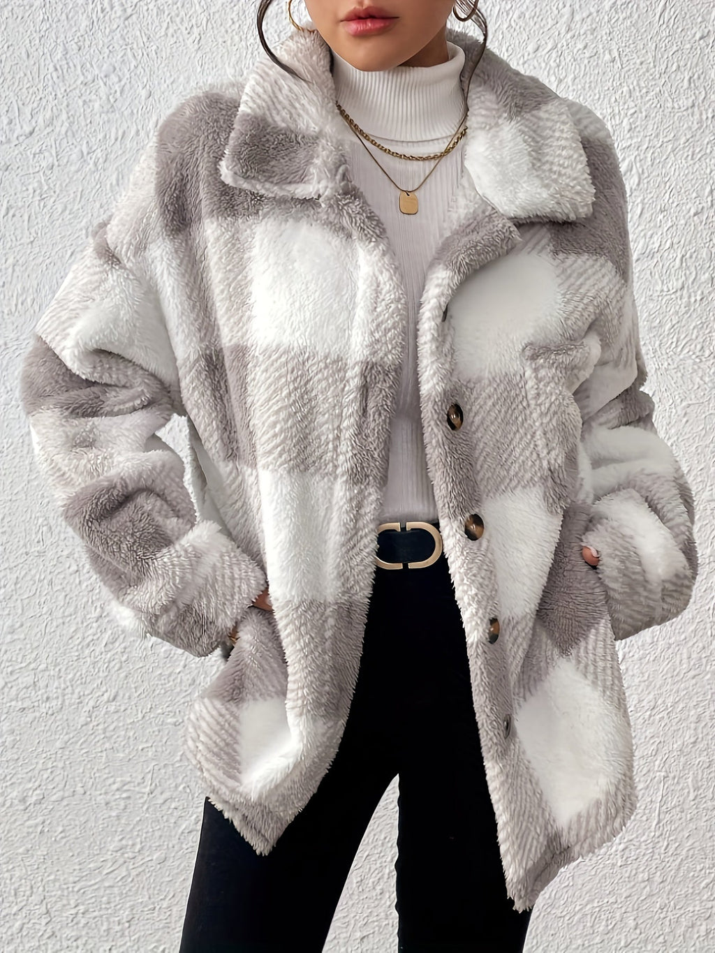 OAXG Women's Plaid Long-Sleeved Jacket - Warm & Casual Coat   OAXG Black And White / S