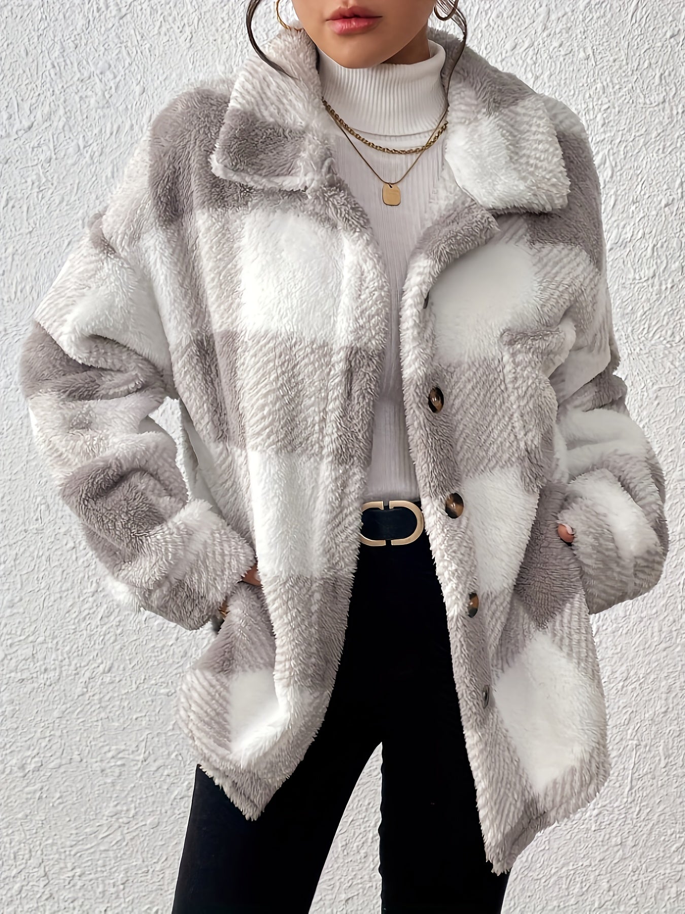 OAXG Women's Plaid Long-Sleeved Jacket - Warm & Casual Coat   OAXG Black And White / S
