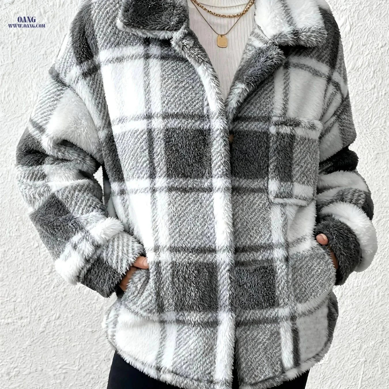 OAXG Women's Plaid Long-Sleeved Jacket - Warm & Casual Coat   OAXG Black And White / S