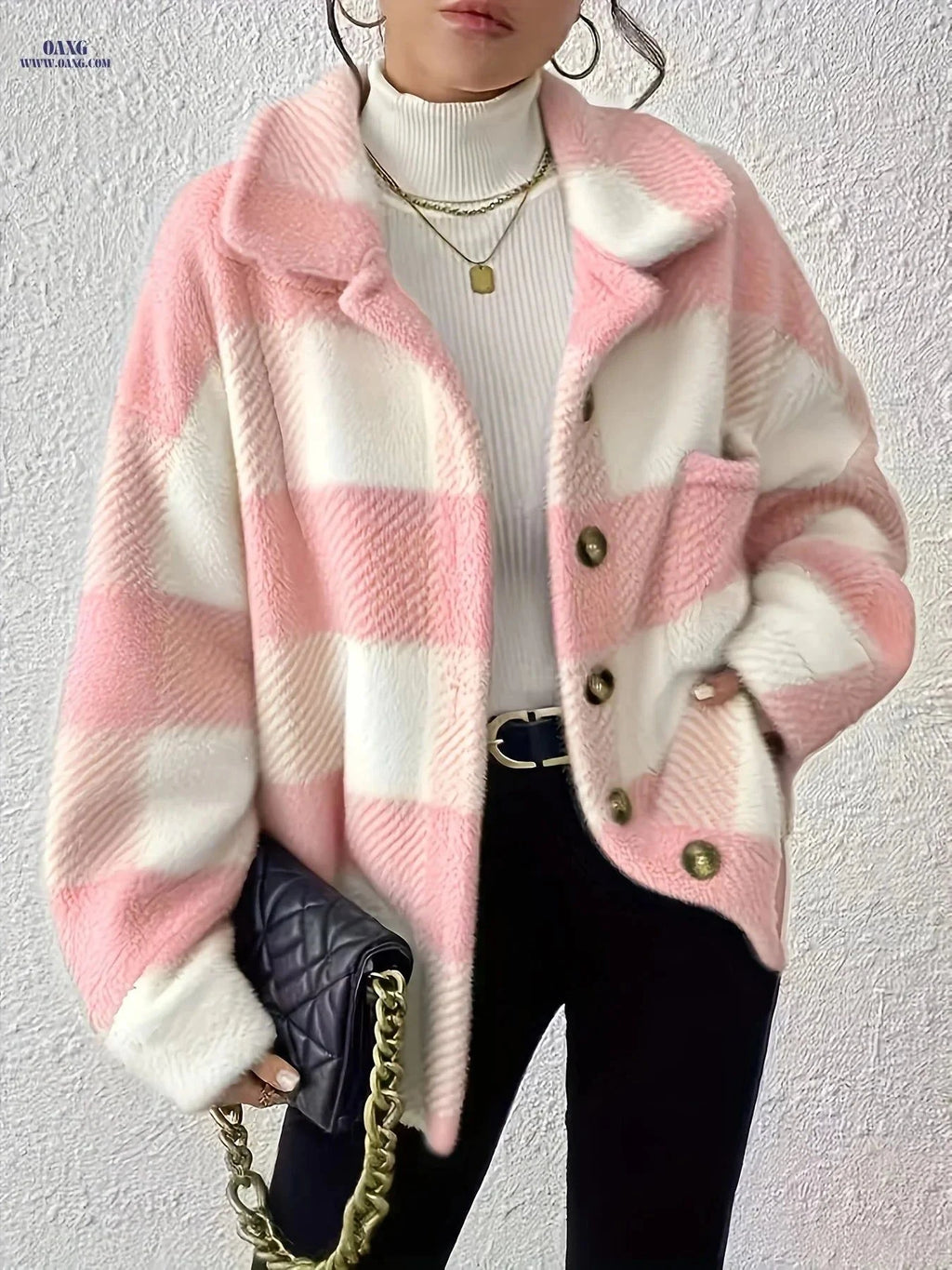 OAXG Women's Plaid Long-Sleeved Jacket - Warm & Casual Coat   OAXG Black And White / S