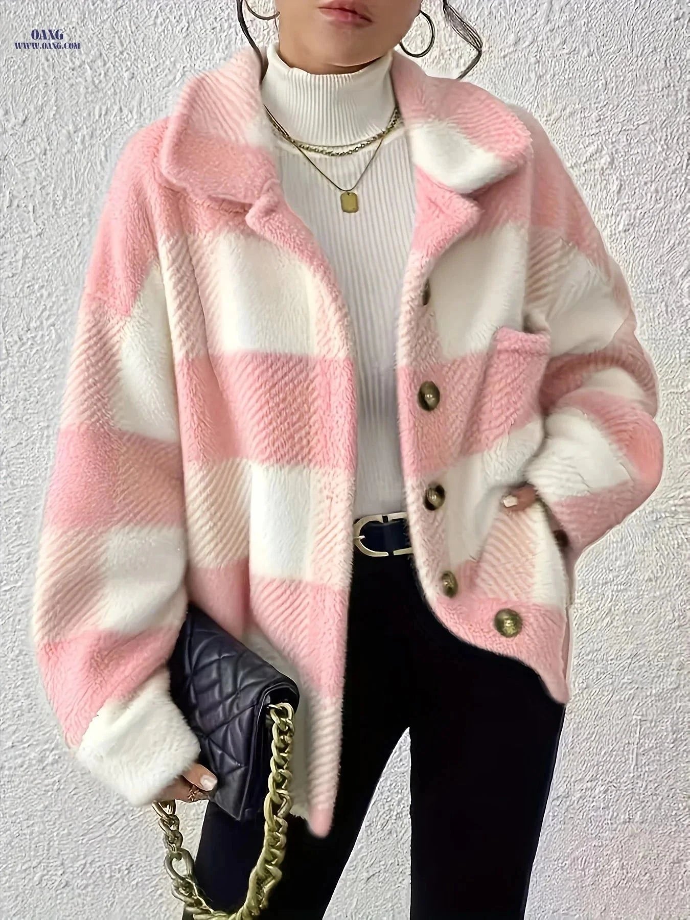 OAXG Women's Plaid Long-Sleeved Jacket - Warm & Casual Coat   OAXG Black And White / S