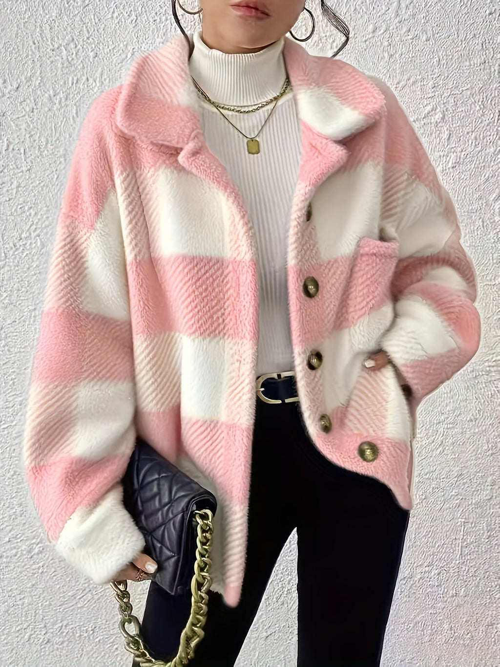 OAXG Women's Plaid Long-Sleeved Jacket - Warm & Casual Coat   OAXG Black And White / S
