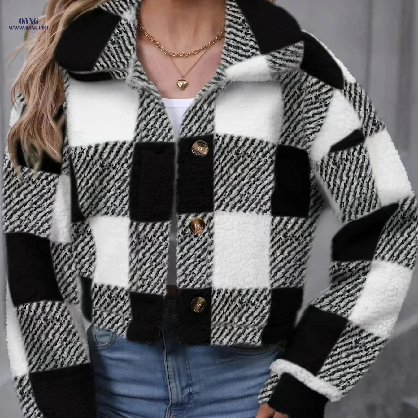OAXG Women's Plaid Teddy Coat - Casual Button Front for Winter   OAXG Light Green / XS