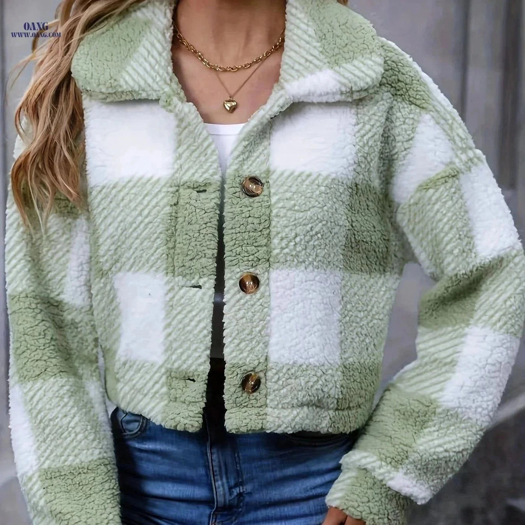 OAXG Women's Plaid Teddy Coat - Casual Button Front for Winter   OAXG Light Green / XS