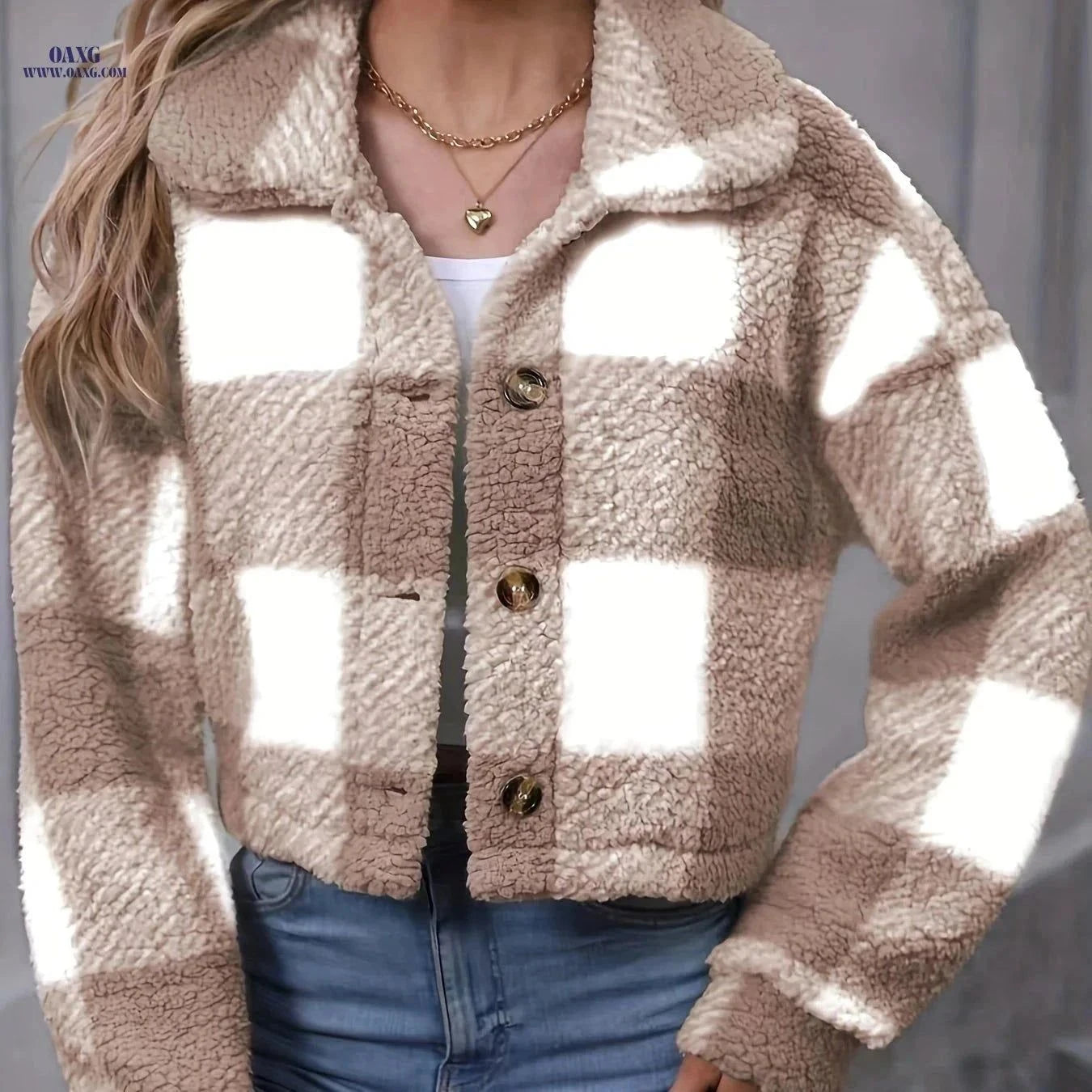 OAXG Women's Plaid Teddy Coat - Casual Button Front for Winter   OAXG Light Green / XS
