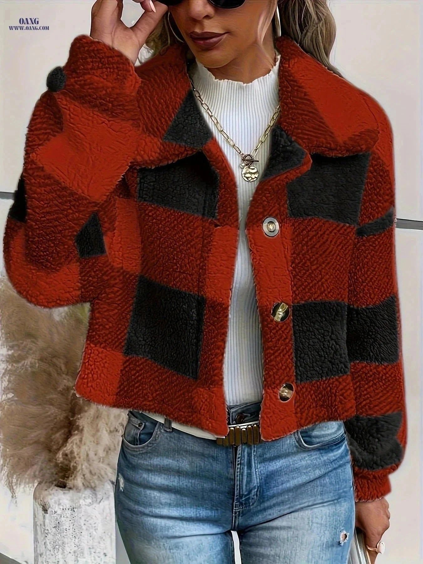OAXG Women's Plaid Teddy Coat - Casual Button Front for Winter   OAXG Light Green / XS