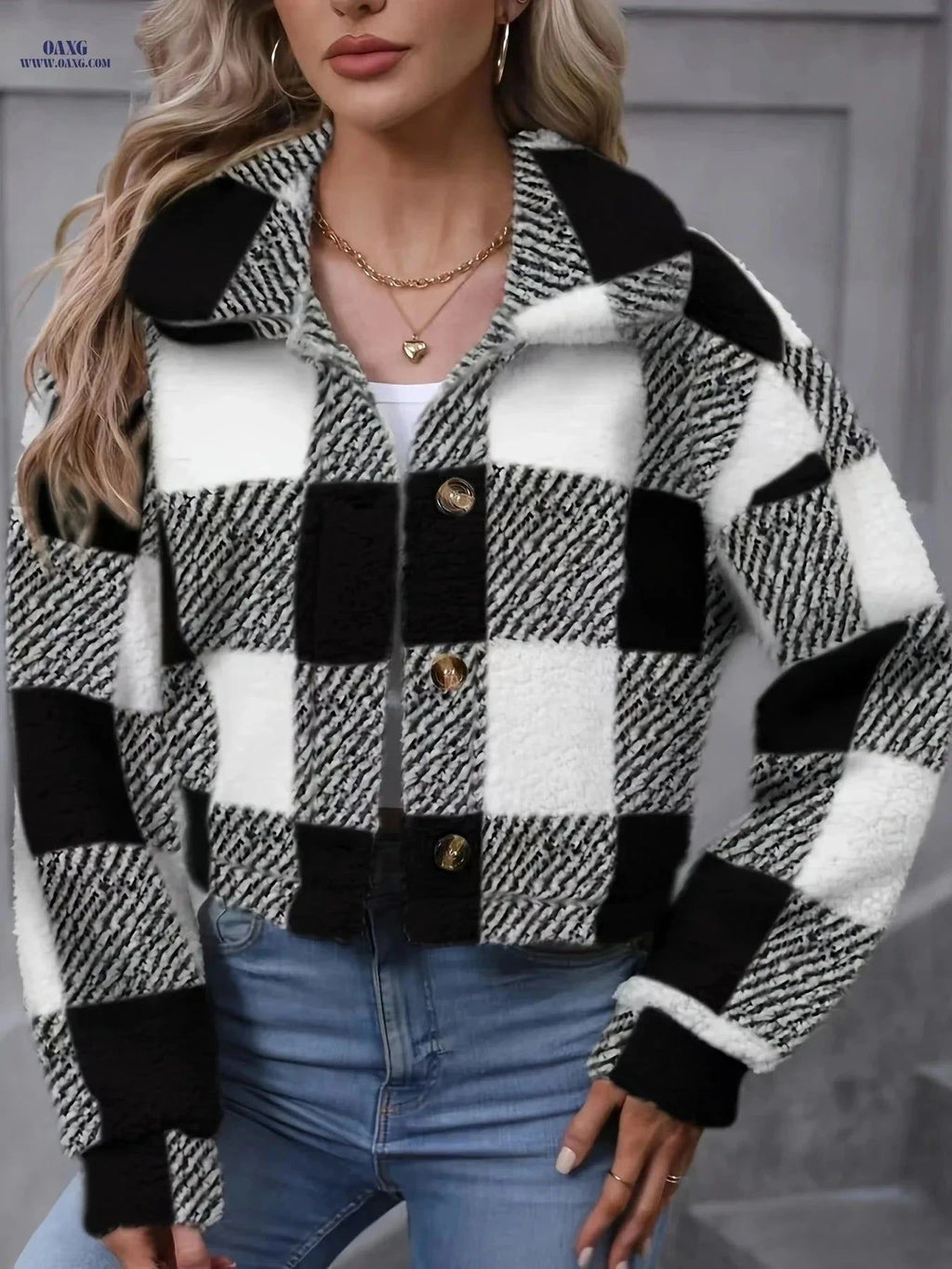 OAXG Women's Plaid Teddy Coat - Casual Button Front for Winter   OAXG Light Green / XS