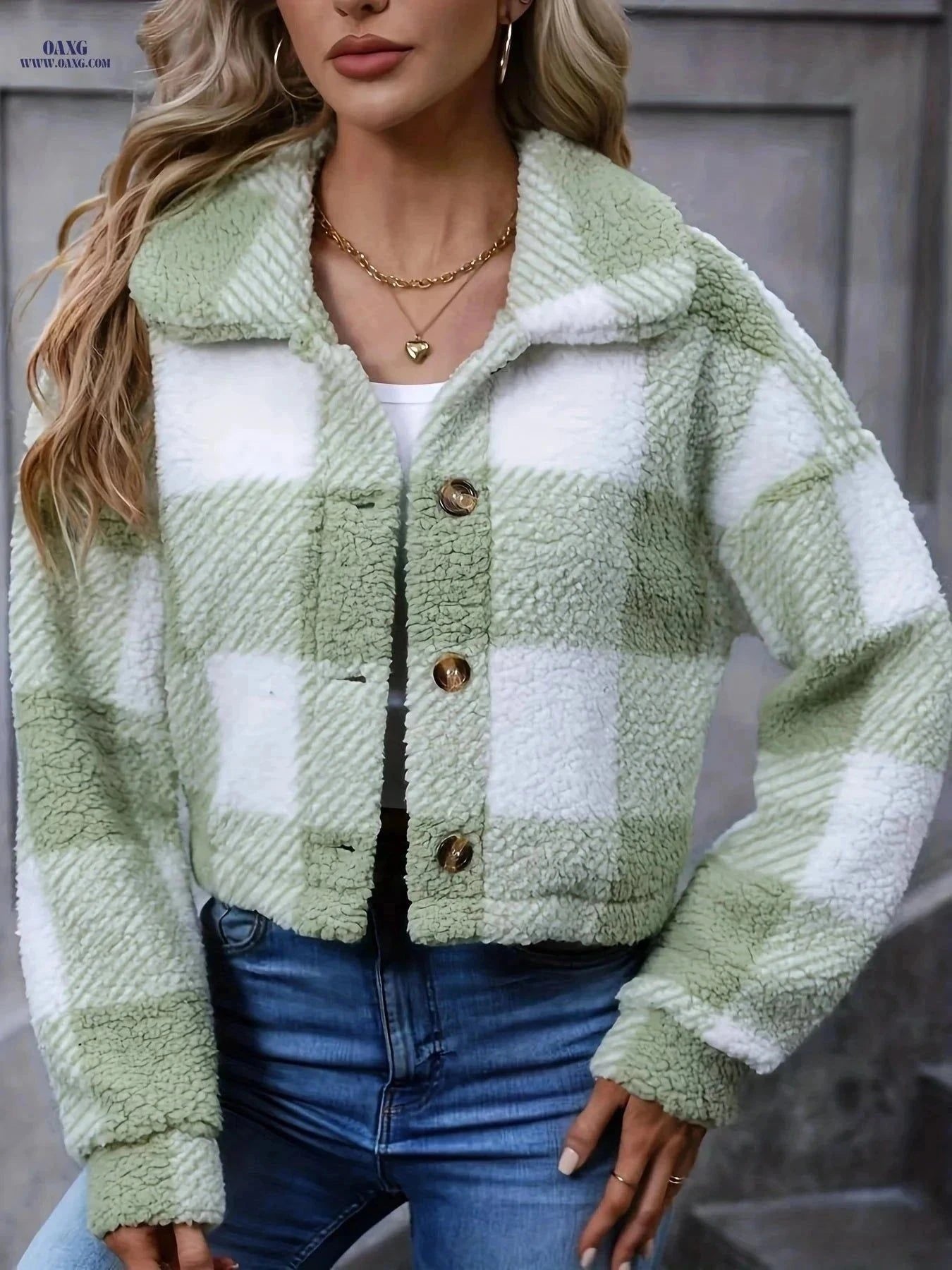 OAXG Women's Plaid Teddy Coat - Casual Button Front for Winter   OAXG Light Green / XS