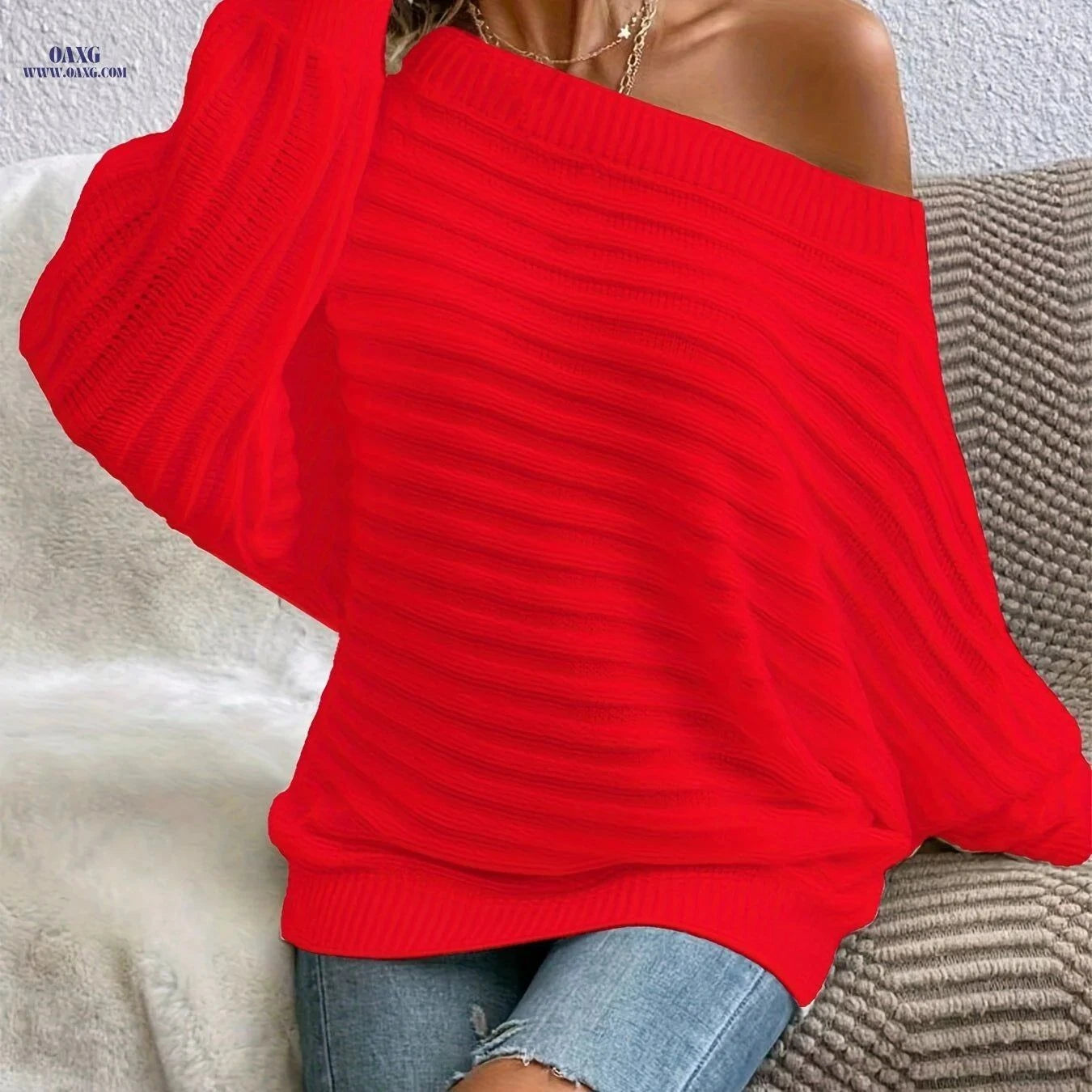 OAXG Women's Pullover Sweater - Elegant Batwing Sleeves, Knit Fabric   OAXG White / S