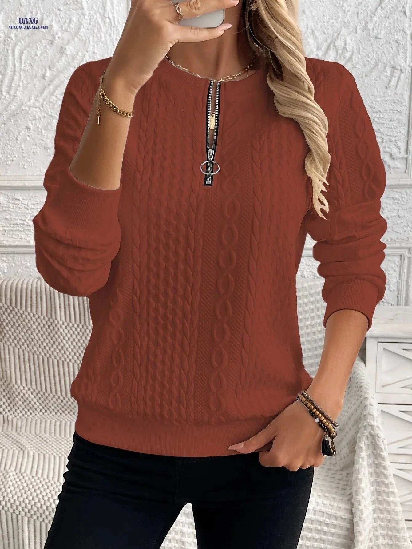 OAXG Women's Quarter Zip Sweatshirt - Casual Pullover for Fall   OAXG White / S
