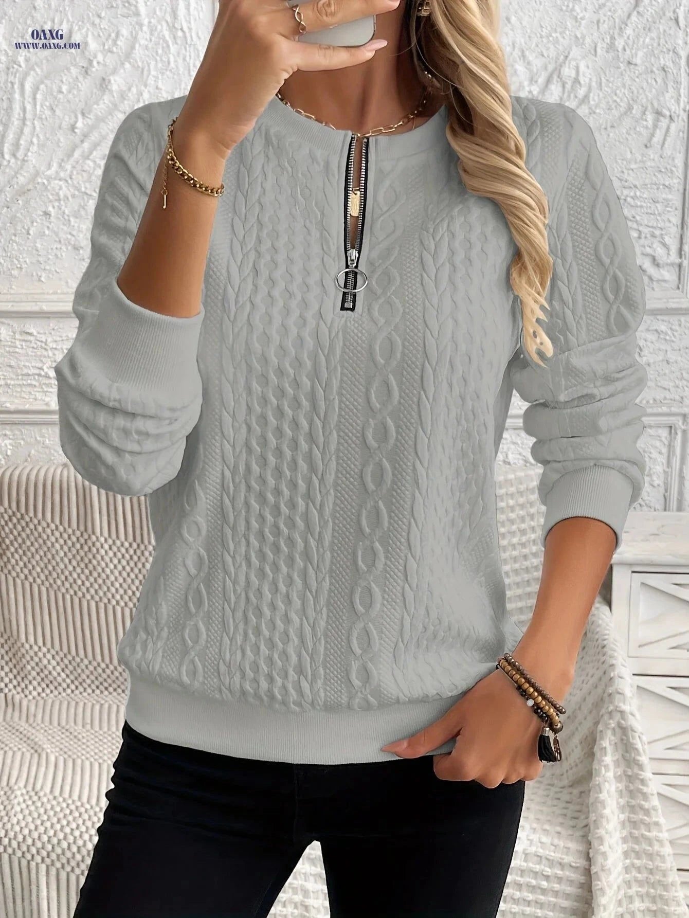 OAXG Women's Quarter Zip Sweatshirt - Casual Pullover for Fall   OAXG White / S