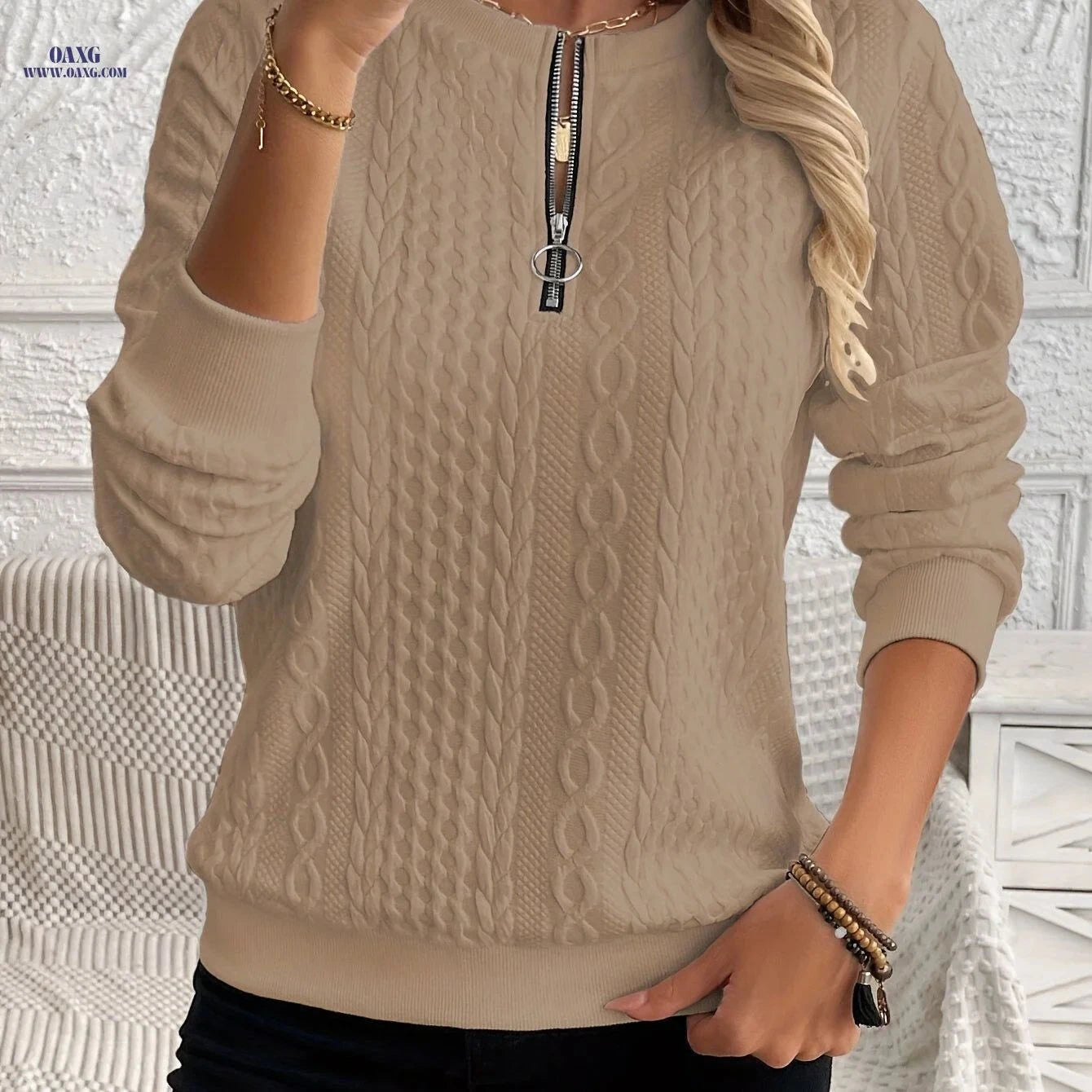 OAXG Women's Quarter Zip Sweatshirt - Casual Pullover for Fall   OAXG White / S