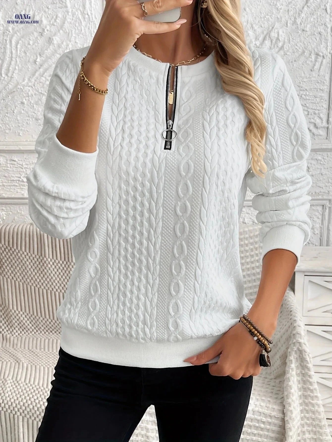 OAXG Women's Quarter Zip Sweatshirt - Casual Pullover for Fall   OAXG White / S
