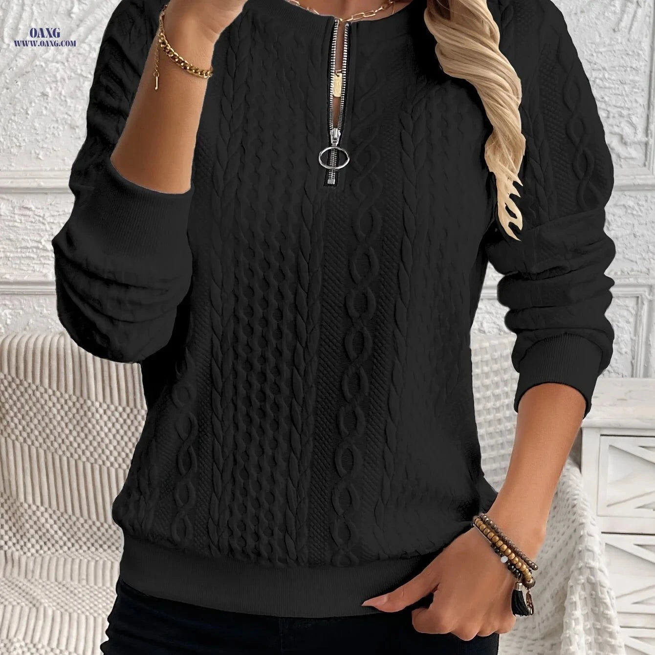 OAXG Women's Quarter Zip Sweatshirt - Casual Pullover for Fall   OAXG White / S