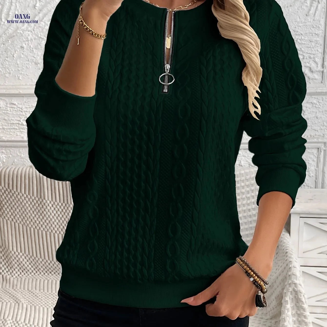 OAXG Women's Quarter Zip Sweatshirt - Casual Pullover for Fall   OAXG White / S
