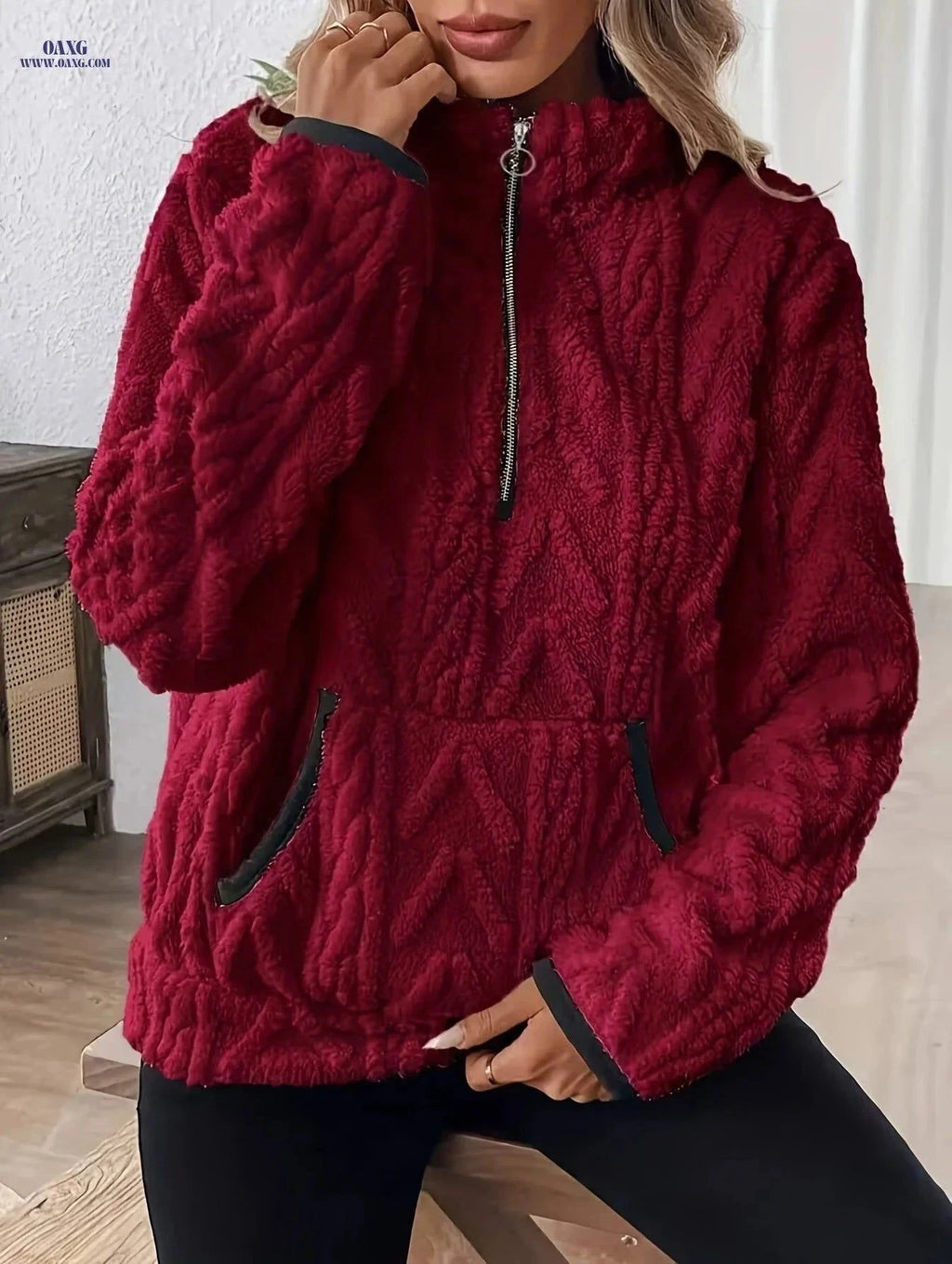 OAXG Women's Quarter Zipper Cat Ear Sweatshirt - Cozy Fall Top   OAXG Deep Red / S