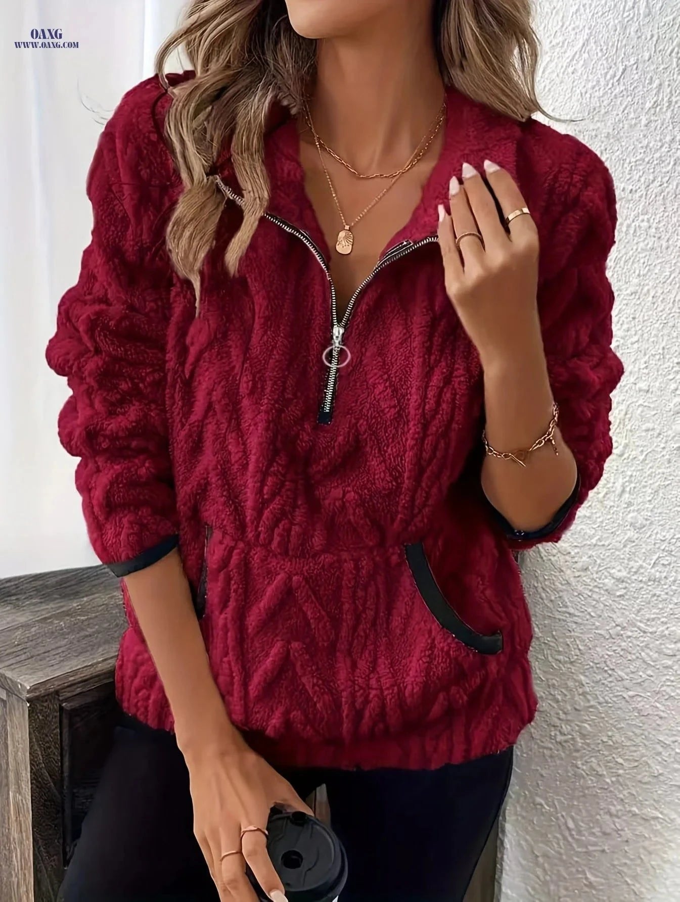 OAXG Women's Quarter Zipper Sweatshirt - Cozy Cat Ear Design   OAXG Deep Red / S