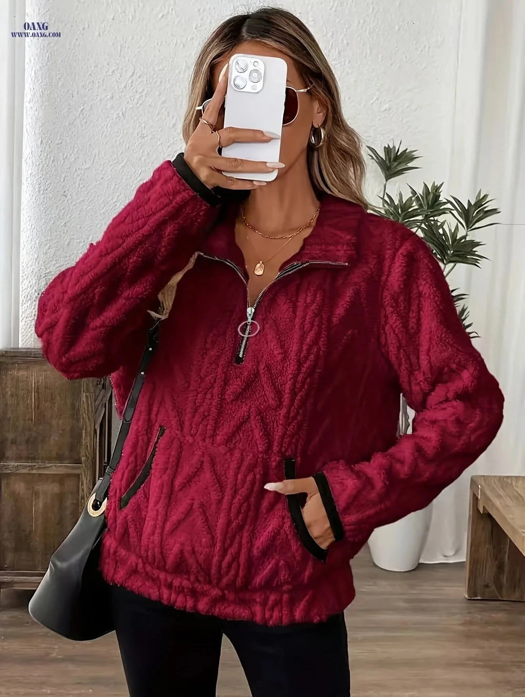 OAXG Women's Quarter Zipper Sweatshirt - Cozy Cat Ear Design   OAXG Deep Red / S