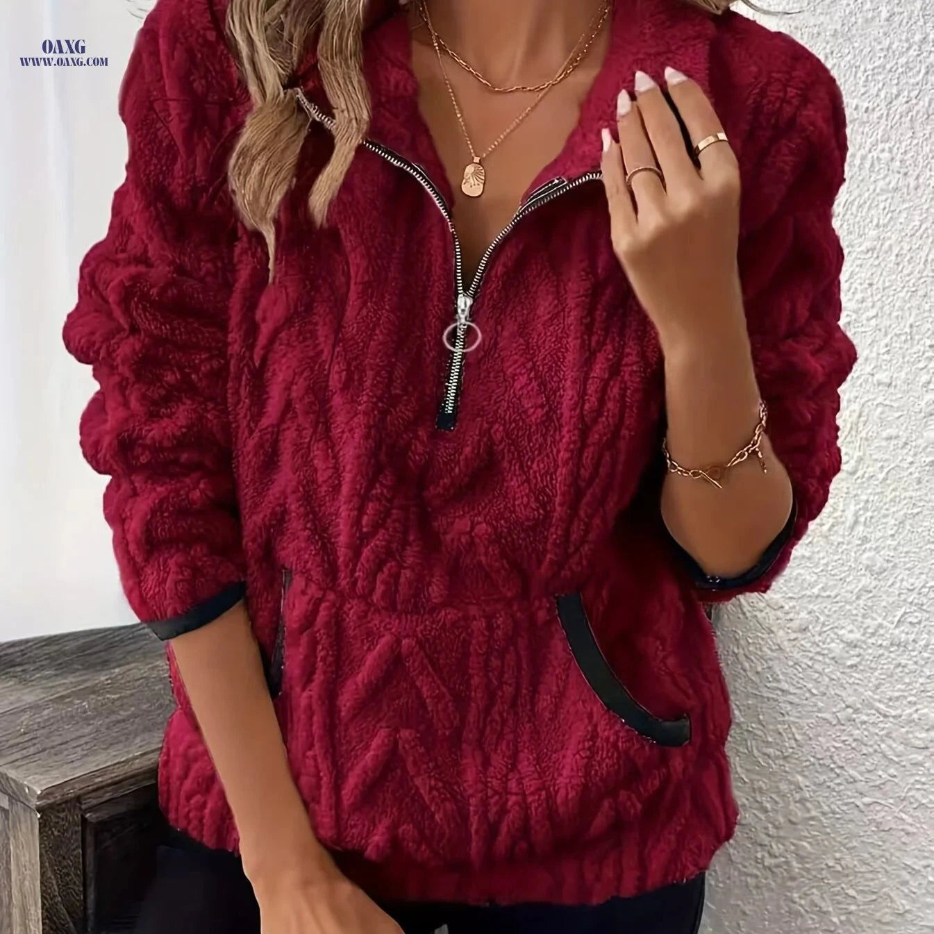 OAXG Women's Quarter Zipper Sweatshirt - Cozy Cat Ear Design   OAXG Deep Red / S