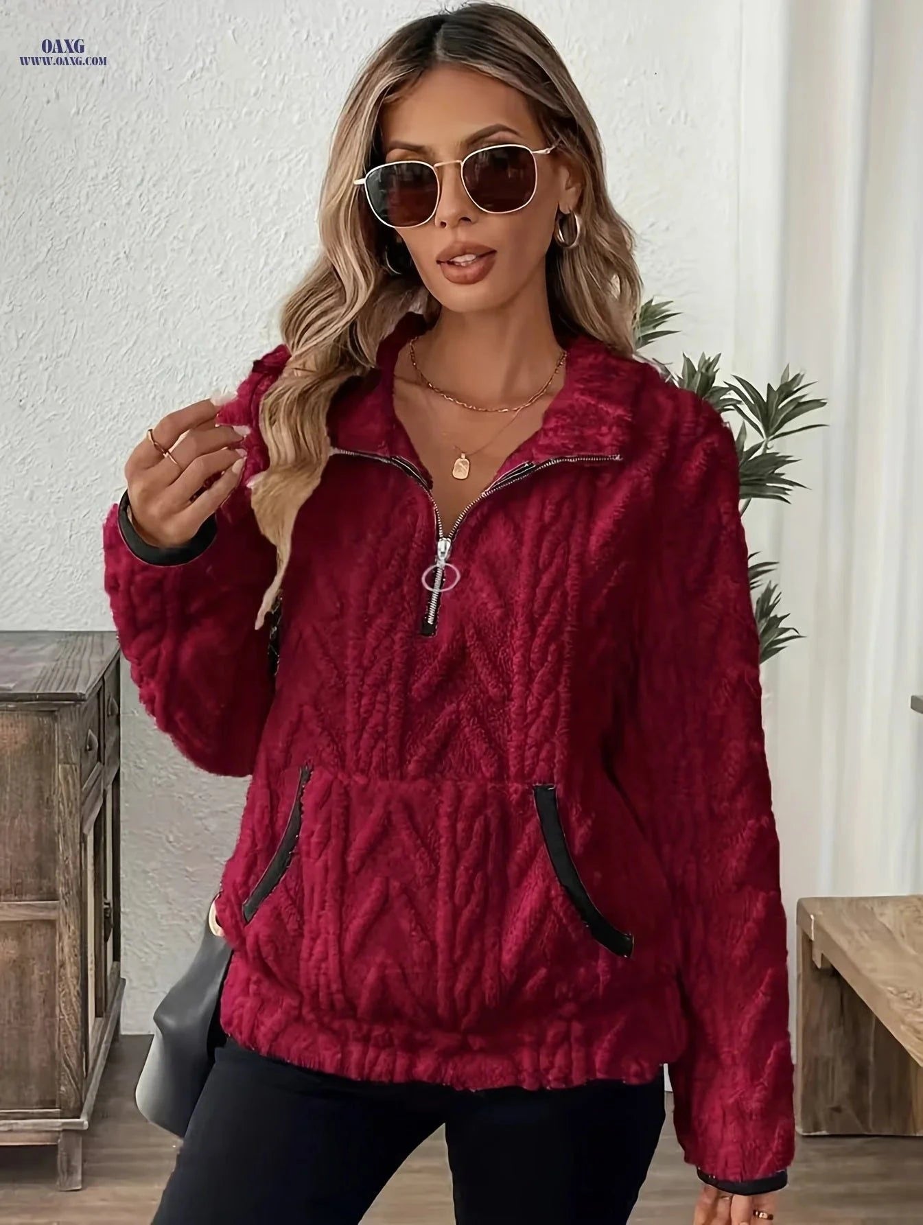 OAXG Women's Quarter Zipper Sweatshirt - Cozy Cat Ear Design   OAXG Deep Red / S