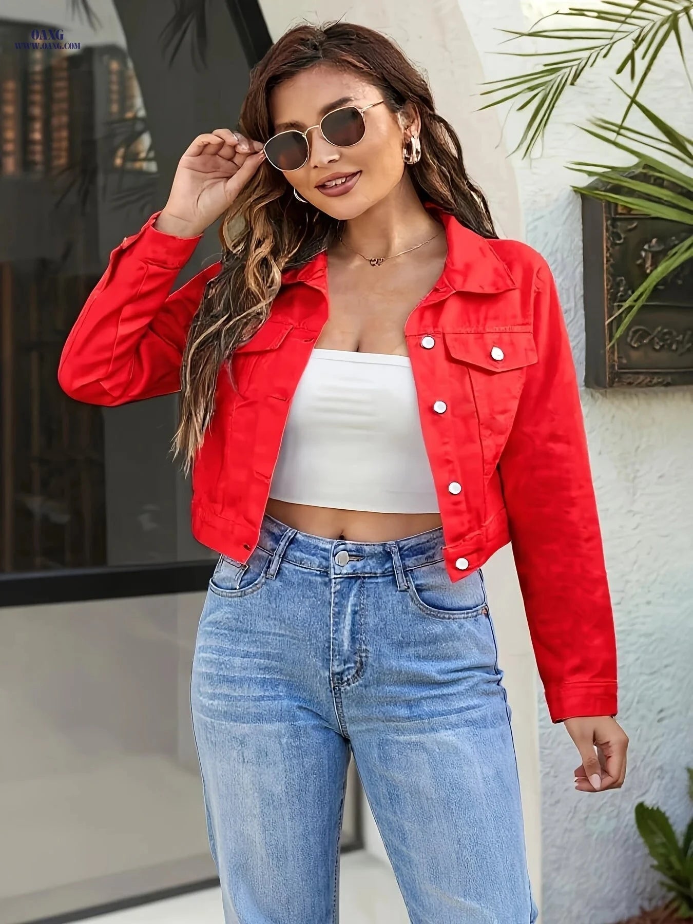 OAXG Women's Red Blazer Jacket - Stylish Slim Fit for Fall/Winter   OAXG 