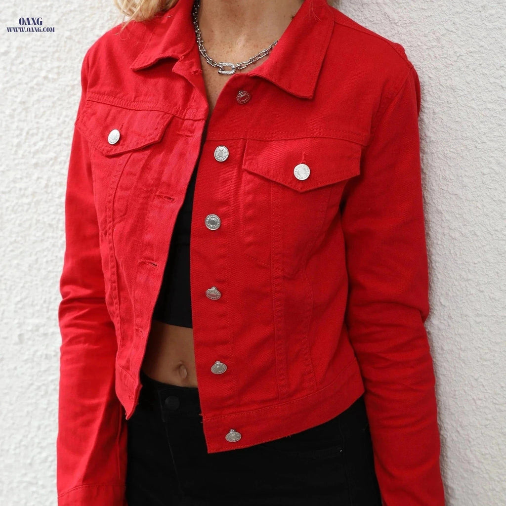 OAXG Women's Red Cowboy Jacket - Slim Fit Long Sleeve Casual Top   OAXG Red / XS