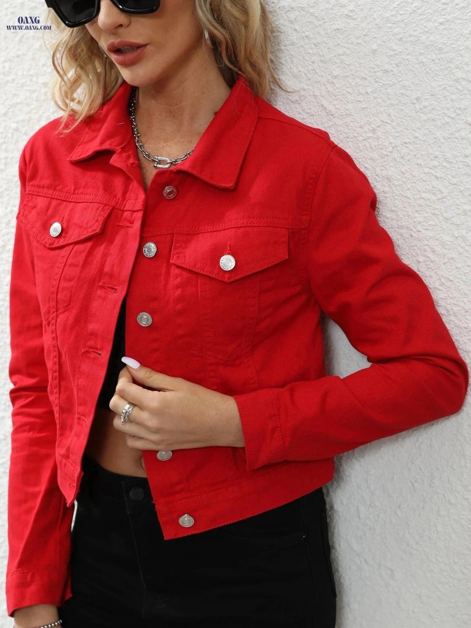 OAXG Women's Red Cowboy Jacket - Slim Fit Long Sleeve Casual Top   OAXG Red / XS
