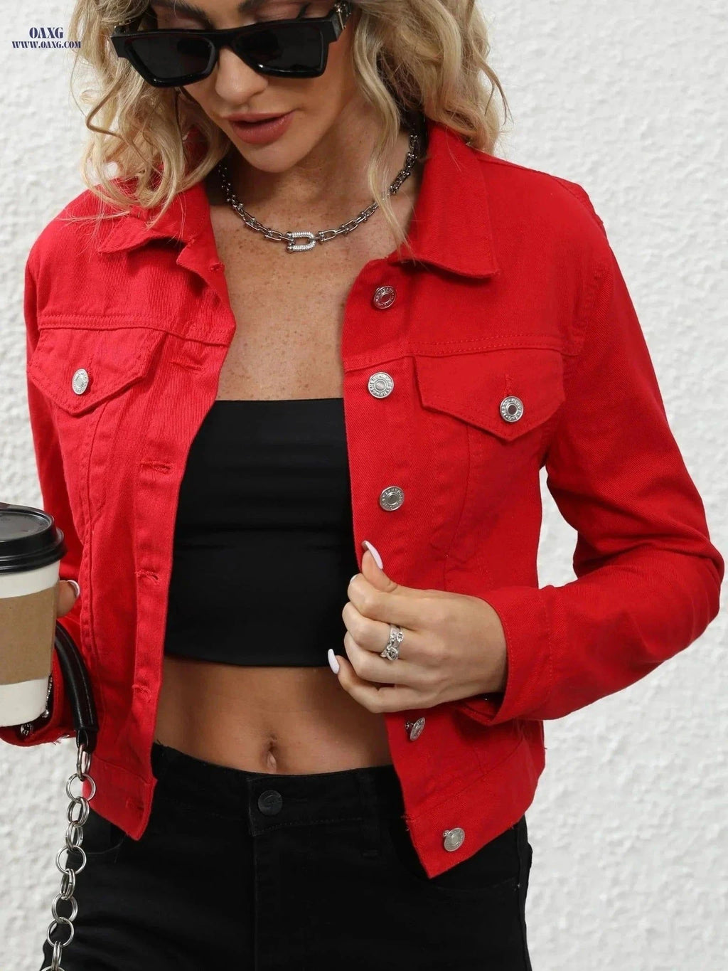 OAXG Women's Red Cowboy Jacket - Slim Fit Long Sleeve Casual Top   OAXG Red / XS