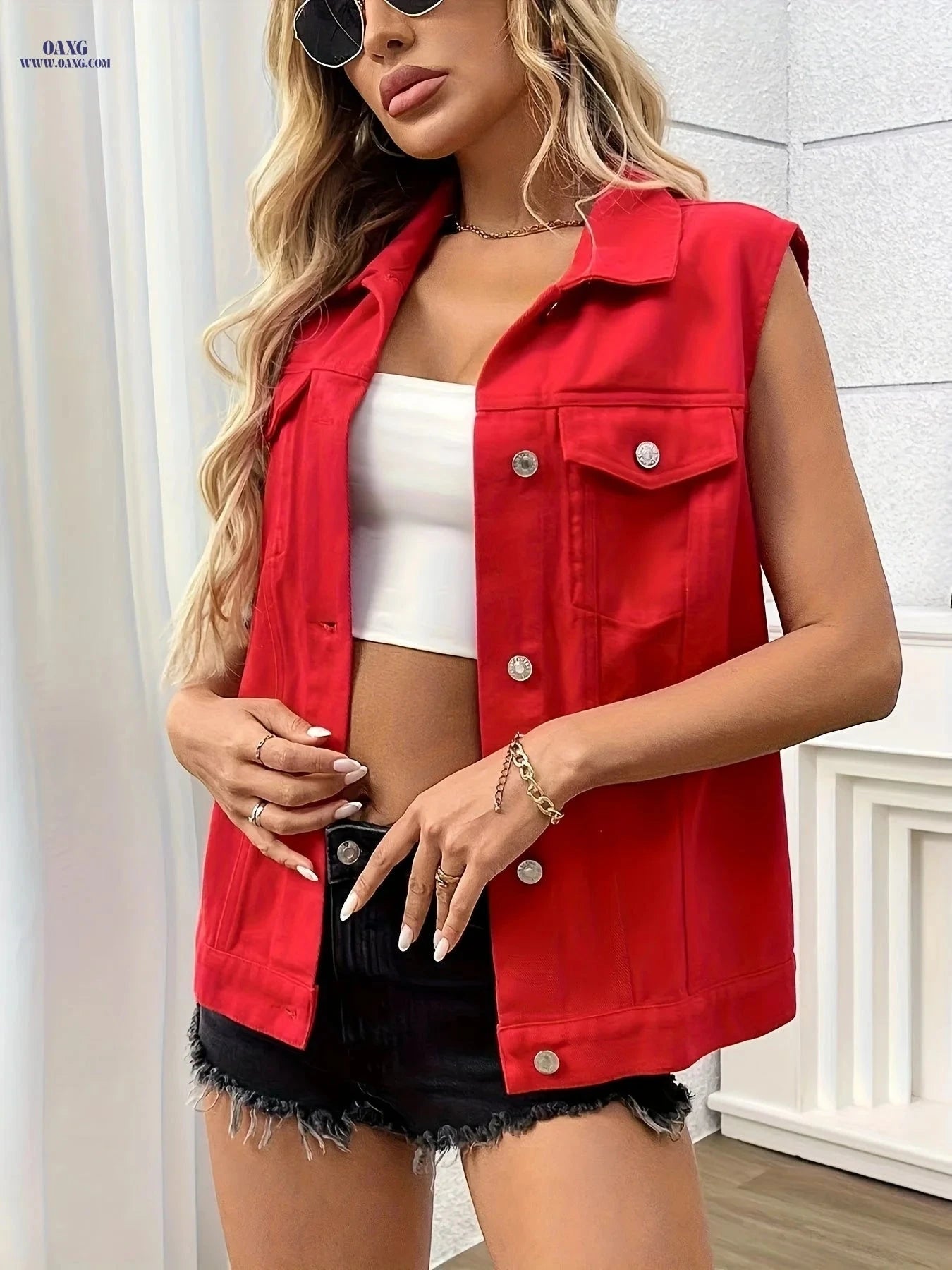 OAXG Women's Red Sleeveless Denim Vest - Stylish Spring Jacket   OAXG 
