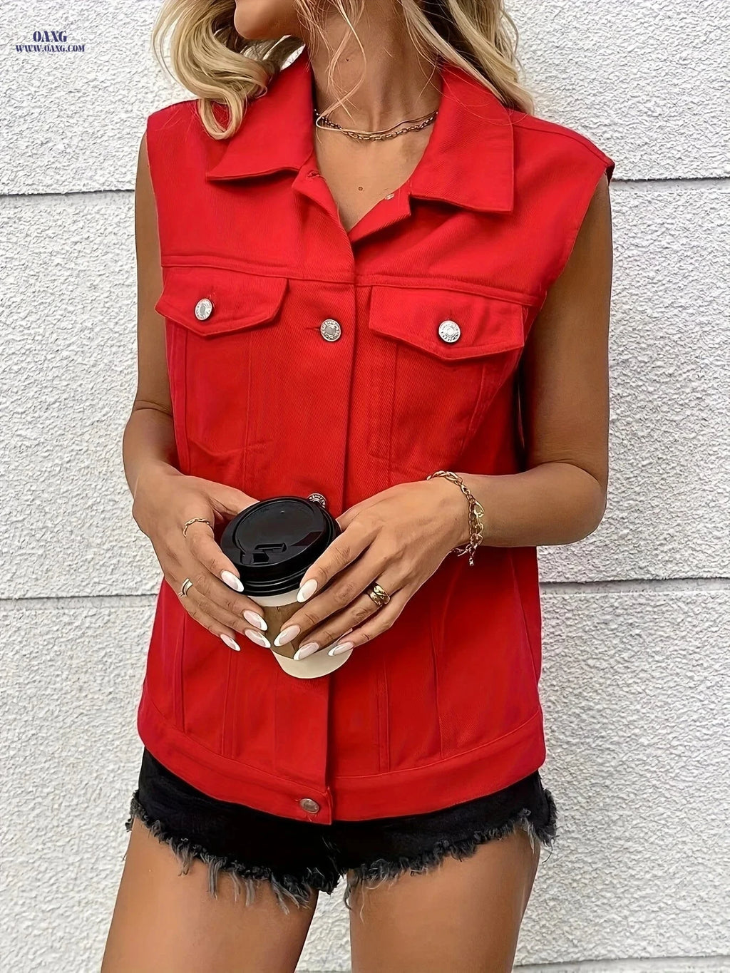 OAXG Women's Red Sleeveless Denim Vest - Stylish Spring Jacket   OAXG 