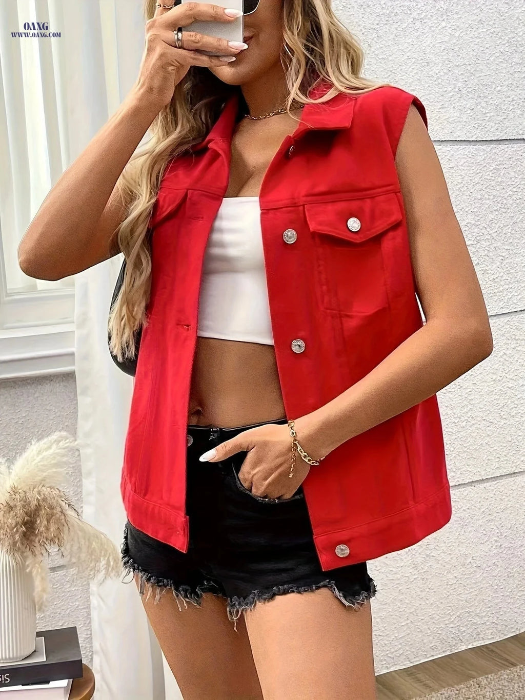 OAXG Women's Red Sleeveless Denim Vest - Stylish Spring Jacket   OAXG 