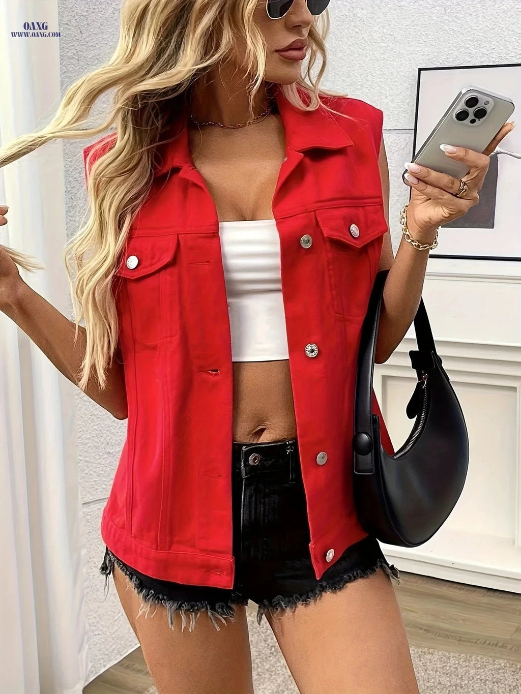 OAXG Women's Red Sleeveless Denim Vest - Stylish Spring Jacket   OAXG 