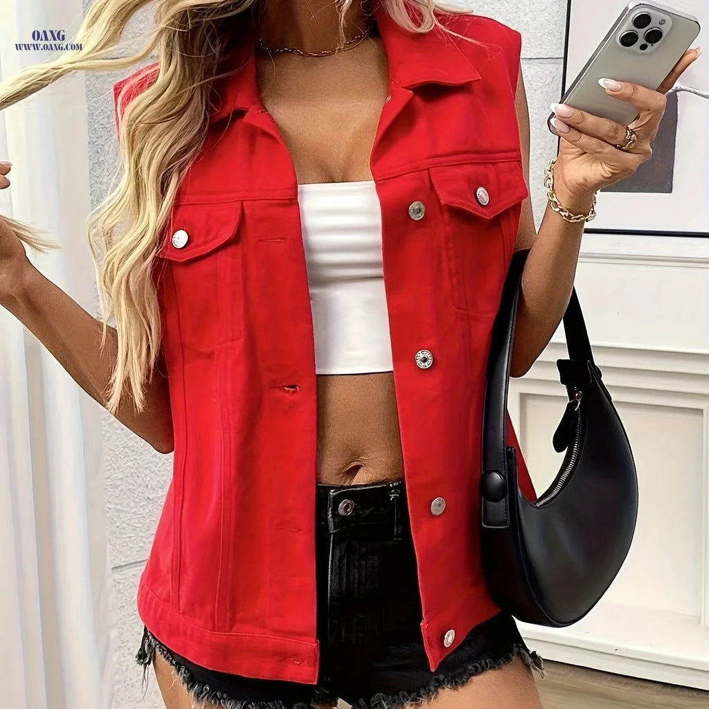 OAXG Women's Red Sleeveless Denim Vest - Stylish Spring Jacket   OAXG 