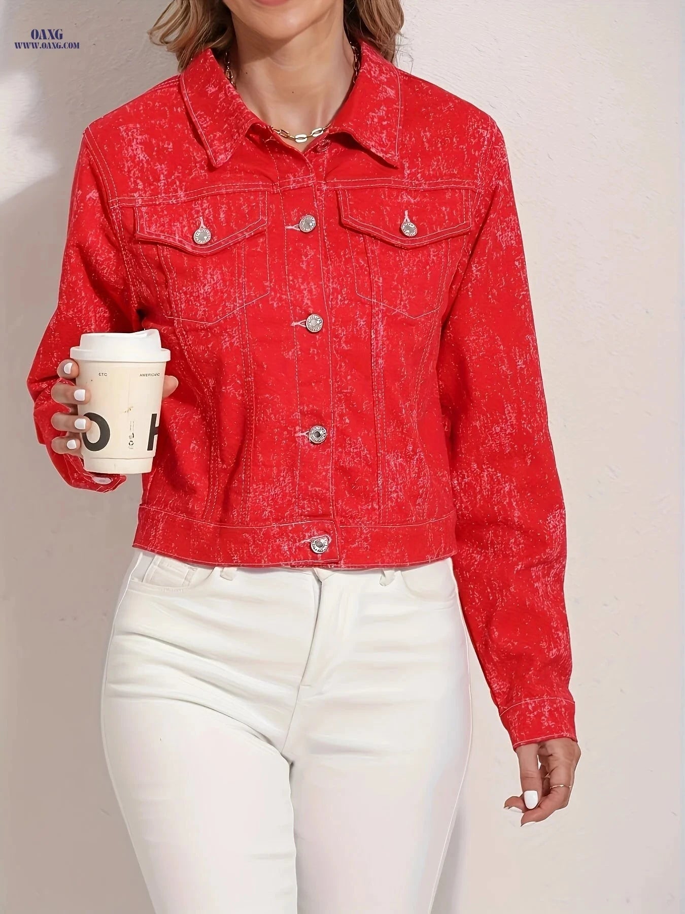 OAXG Women's Red Snowflake Denim Jacket - Elegant Spring Style   OAXG 