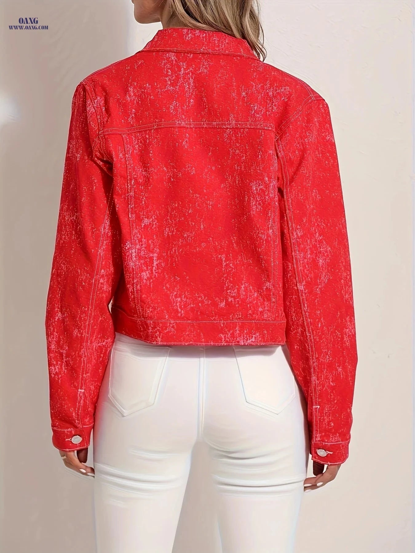 OAXG Women's Red Snowflake Denim Jacket - Elegant Spring Style   OAXG 