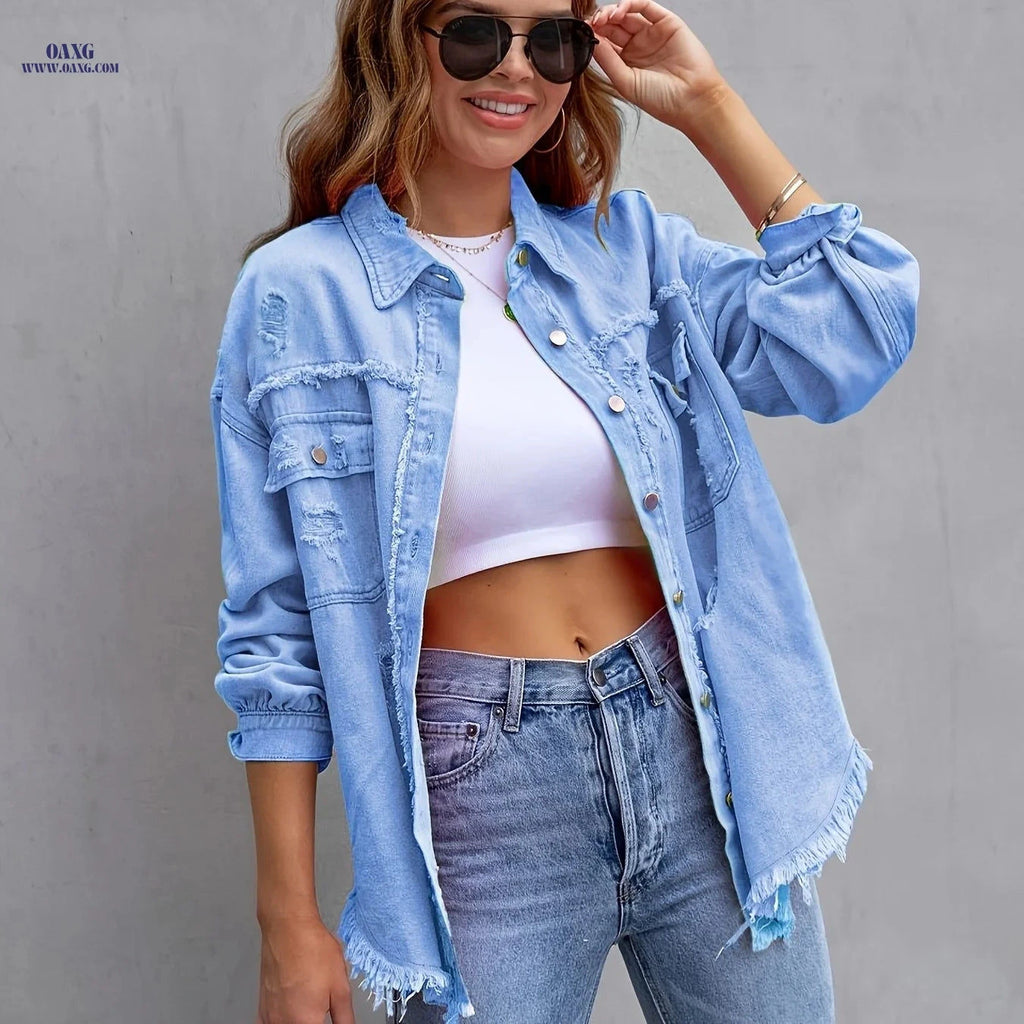 OAXG Women’s Ripped Denim Jacket - Boho Candy Color Coat   OAXG 