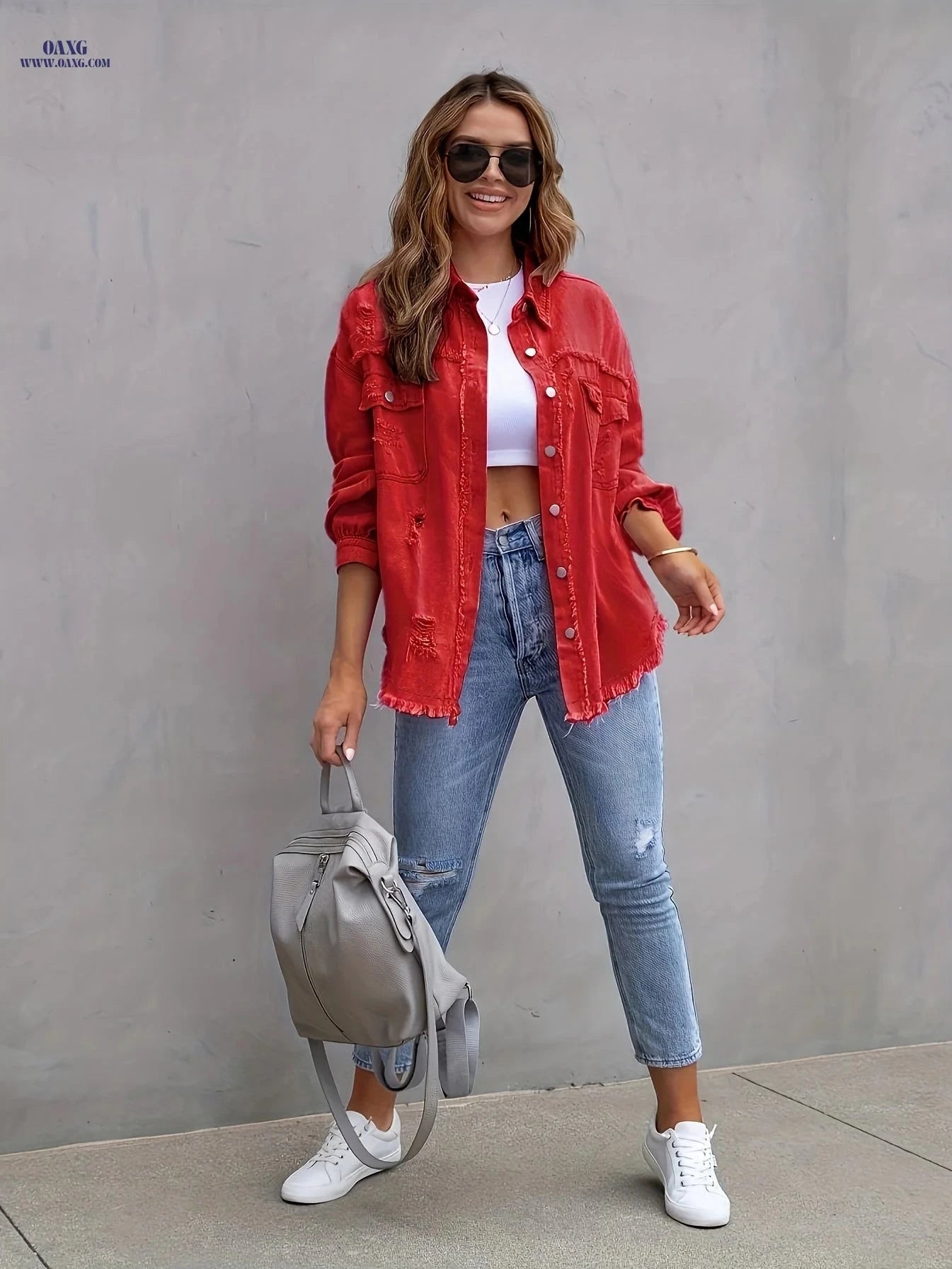 OAXG Women's Ripped Denim Jacket - Candy Color Boho Style   OAXG 