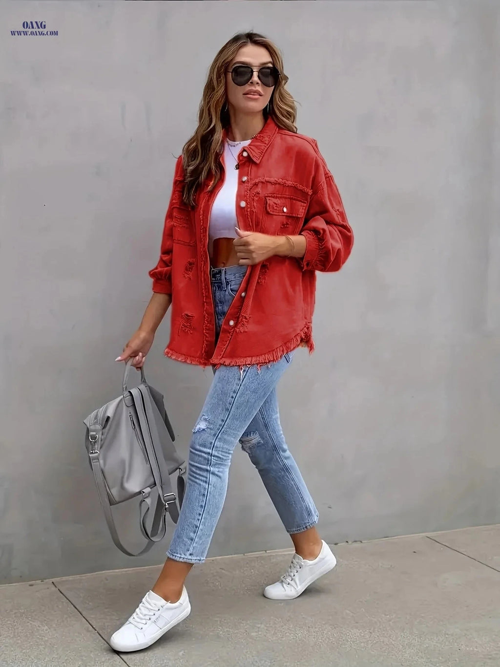 OAXG Women's Ripped Denim Jacket - Candy Color Boho Style   OAXG 