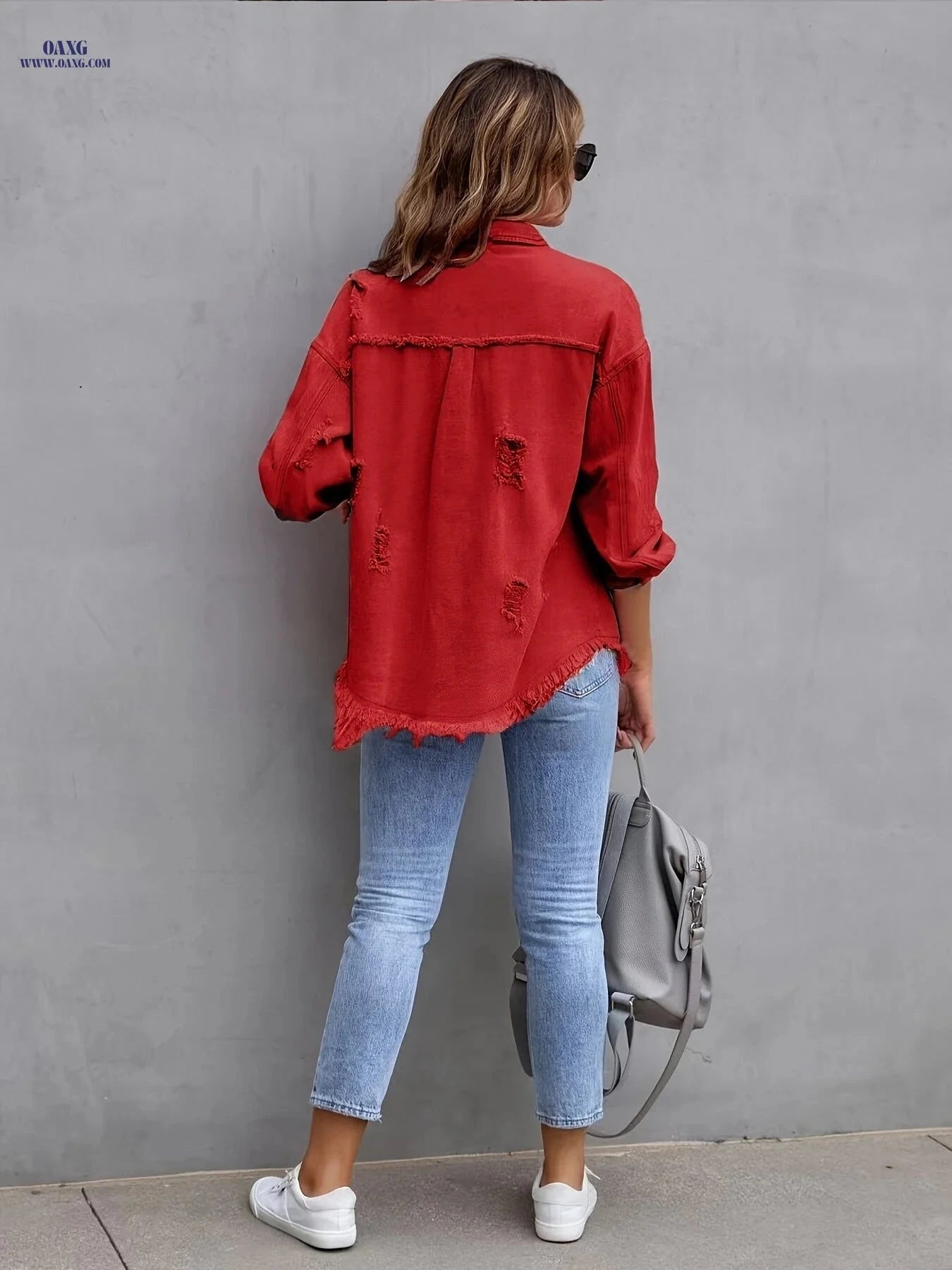 OAXG Women's Ripped Denim Jacket - Candy Color Boho Style   OAXG 