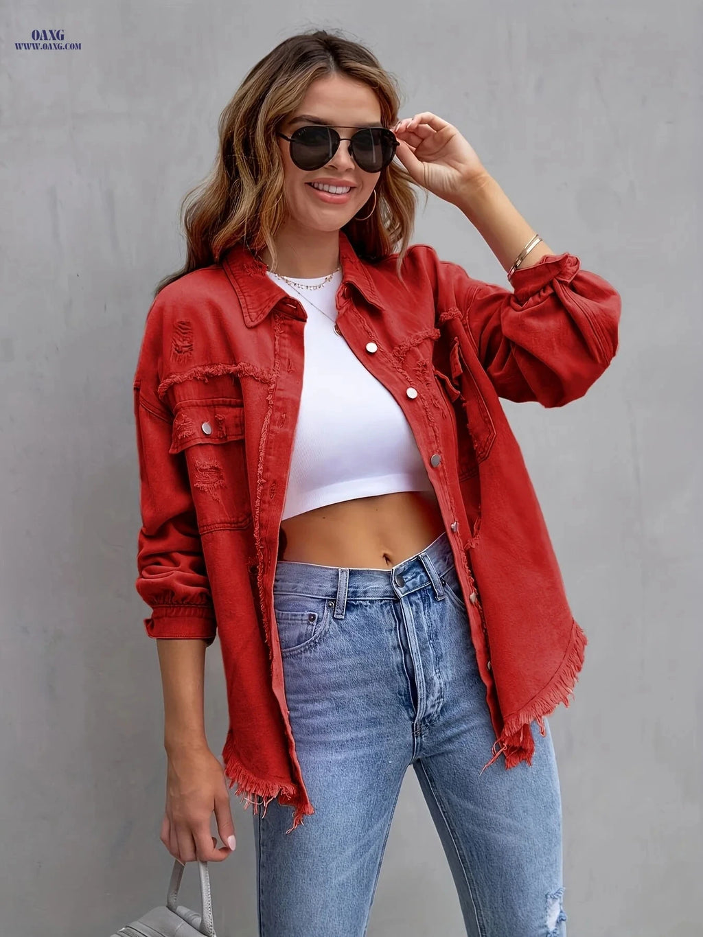 OAXG Women's Ripped Denim Jacket - Candy Color Boho Style   OAXG 