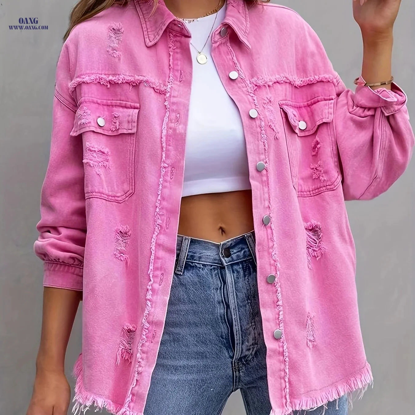 OAXG Women's Ripped Denim Jacket - Candy Color for Spring/Fall   OAXG 