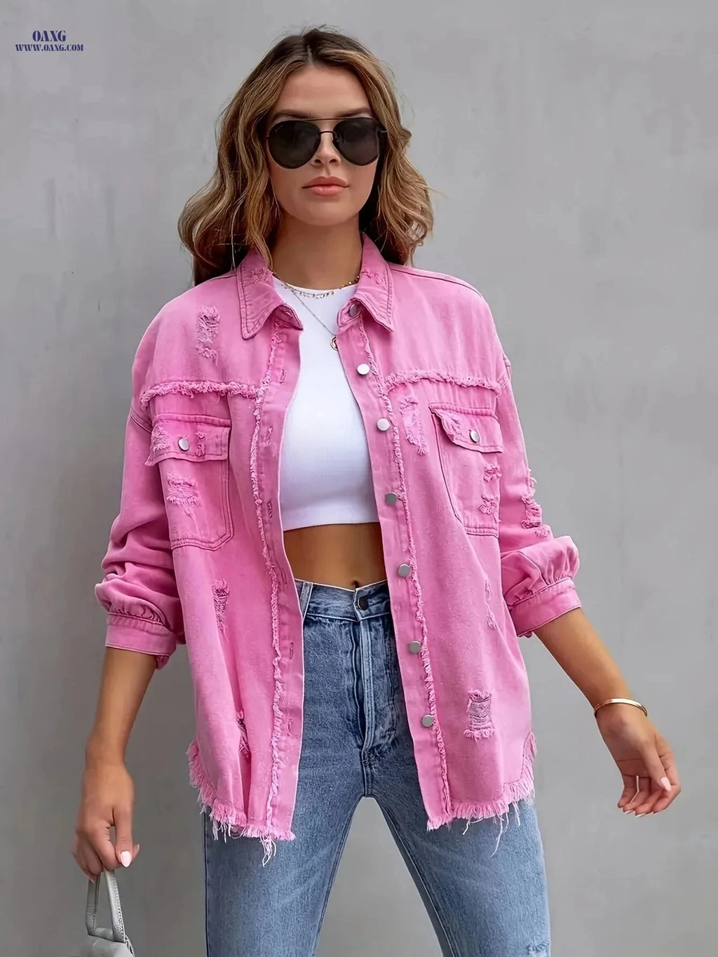 OAXG Women's Ripped Denim Jacket - Candy Color for Spring/Fall   OAXG 