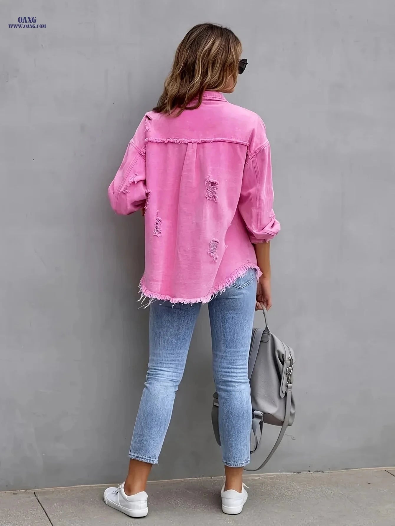 OAXG Women's Ripped Denim Jacket - Candy Color for Spring/Fall   OAXG 