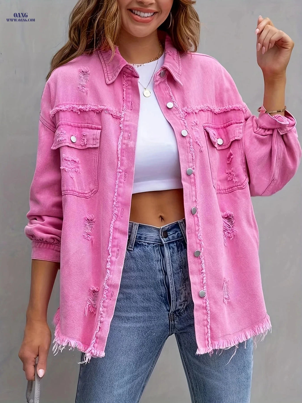 OAXG Women's Ripped Denim Jacket - Candy Color for Spring/Fall   OAXG 