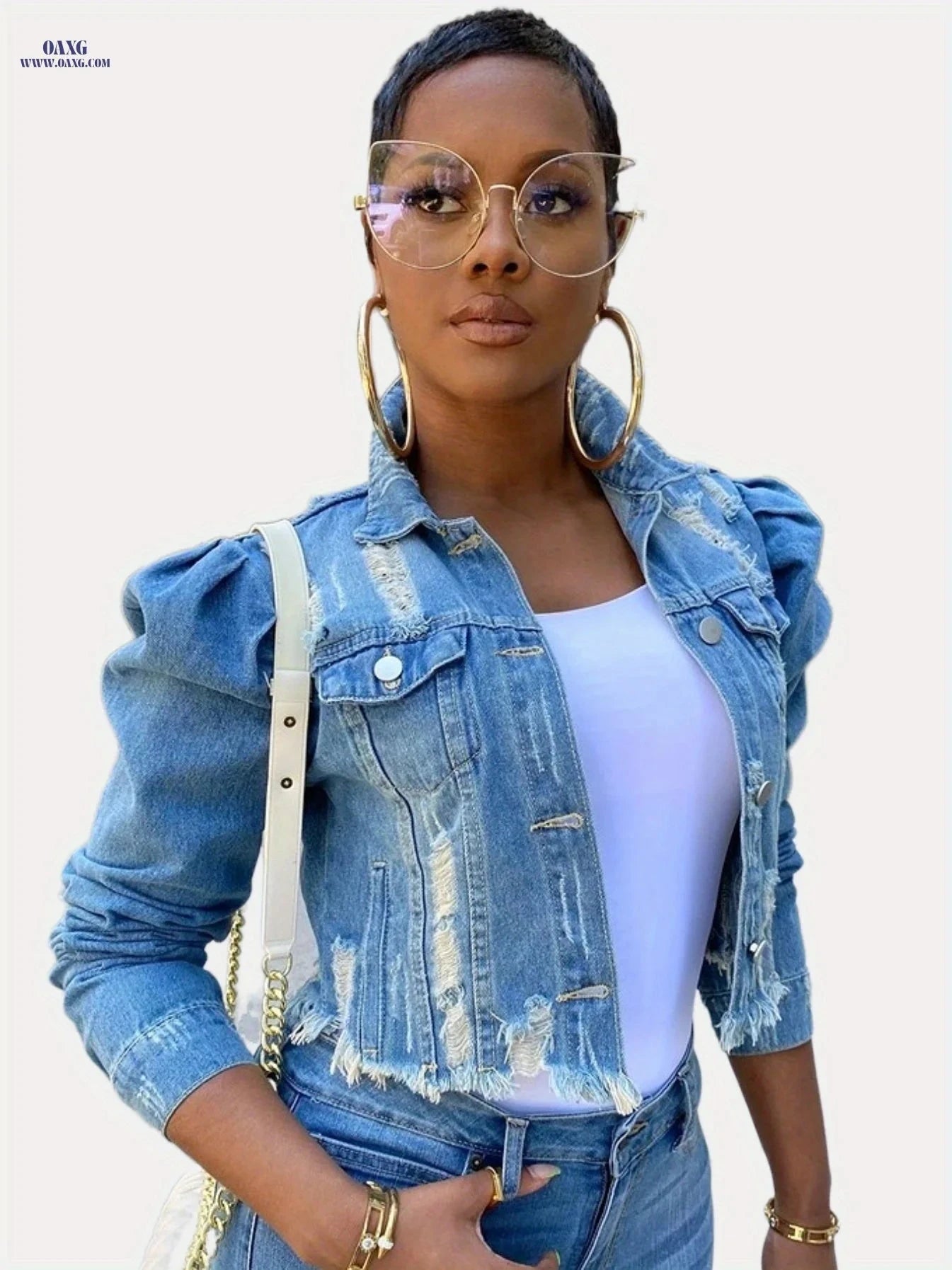 OAXG Women's Ripped Denim Jacket - Casual Cropped Puff Sleeve Coat   OAXG 
