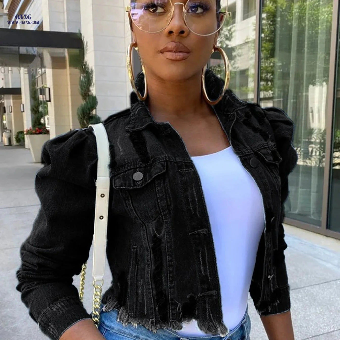 OAXG Women's Ripped Denim Jacket - Casual Cropped Puff Sleeve Coat   OAXG 